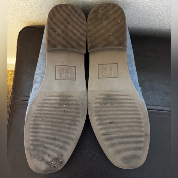 Blue Faux Suede Loafer with Gold Buckle, Flat Slip On Work Shoes, Size 7 - Picture 5 of 11